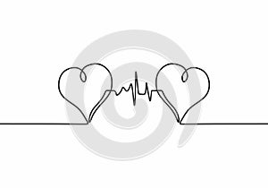 Continuous one line drawing. two hears with hearbeat. Vector minimalism illustration, single hand drawn