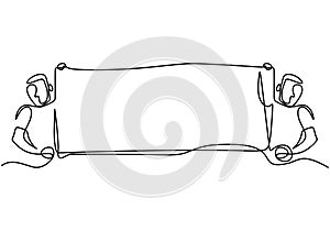 Continuous one line drawing two man holding blank signboard. illustration concept