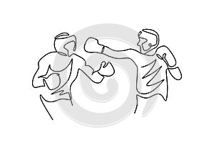 Continuous one line drawing of two man playing boxing isolated on white background. Professional young boxer man doing stretching