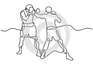Continuous one line drawing of two man playing boxing at ring area. Two professional boxer is fight each other in tournament