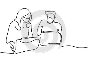 Continuous one line drawing of two office workers at work using laptop. A man and woman focus on laptop screen and thinking about