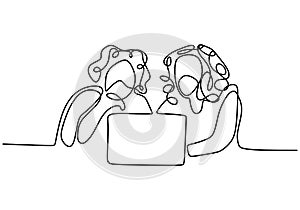 Continuous one line drawing of two office workers at work using laptop. Two woman focus on laptop screen and thinking about a