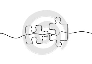 Continuous one line drawing of two pieces of jigsaw on white background. Puzzle game symbol and sign business metaphor of problem