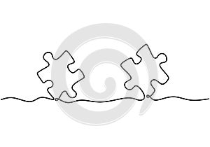 Continuous one line drawing of two pieces of jigsaw on white background. Puzzle game symbol and sign business metaphor of problem