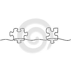 Continuous one line drawing of two pieces of jigsaw on white background. Puzzle game symbol and sign business metaphor of problem