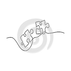 Continuous one-line drawing of two puzzle pieces on a white background. The puzzle game symbol and sign is a business