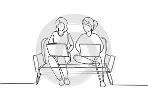 Continuous one line drawing two woman with laptop sitting on the sofa together. Freelance, distance learning, online courses, and