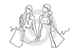 Continuous one line drawing two woman with shopping bags in their hands.