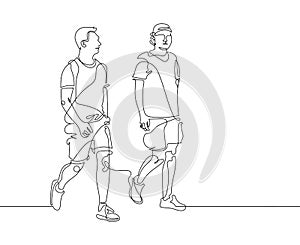 Continuous one line drawing of two young men are walking