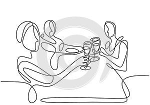 Continuous one line drawing, vector of group people cheering with glasses of wine or champagne. Man and woman in party celebration