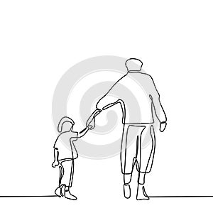 Continuous one line drawing vector illustration. Father with son in hands