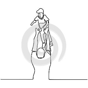 Continuous one line drawing vector illustration. Father with son in hands. Dad tosses the kid drawn by hand picture silhouette.