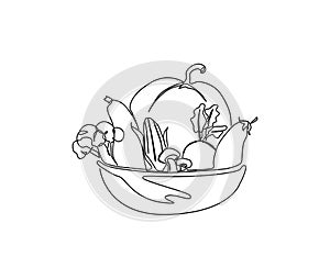 Continuous one line drawing of vegetable on the bowl. Vegetables hand drawn single line art vector illustration