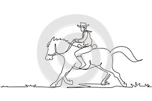 Continuous one line drawing the wild west and desert with cowboy riding horse. Mustang and person outdoor at sunset. Cowboy and