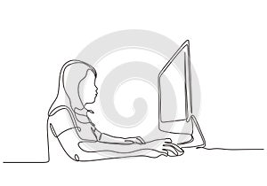 Continuous one line drawing of woman doing work with computer. Young girl with monitor business metaphor concept