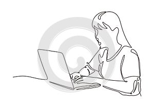 Continuous one line drawing of woman with laptop. Vector secretary concept hand drawn simplicity design