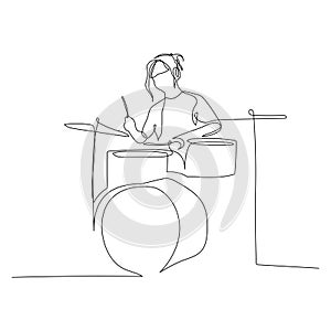 Continuous one line drawing woman playing drums. Vector illustration.