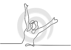 Continuous one line drawing of woman rising hands up feeling happy and freedom. Cute girl feel free and young minimalism design