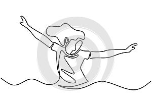 Continuous one line drawing of woman rising hands up feeling happy and freedom. Cute girl feel free and young minimalism design