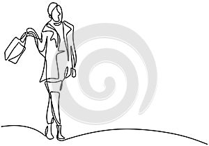 Continuous one line drawing woman with shopping bags in her hands isolated on white background. Stylish girl walking in the mall