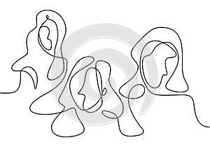 Continuous one line drawing of a women diversity. Vector illustration of girl face,.