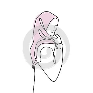 Continuous one line drawing of women or girl wearing islamic headscarf called hijab. Fashionable style muslim girl