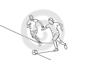 Continuous one line drawing of women playing football game sport. Two girls running a ball. Lady dribbling beside the opponent.