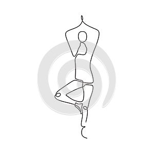 Continuous one line drawing of yoga girl. Person doing exercise for relaxation and meditation of her mind and body. Vector