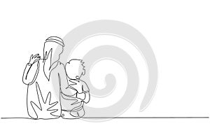 Continuous one line drawing of young Arabian dad and his son talking and sitting together. Happy Islamic muslim parenting family
