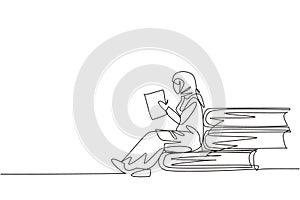 Continuous one line drawing young Arabian female reading, learning and sitting on big books. Study at home. Smart student,