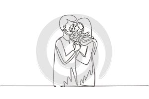 Continuous one line drawing young Arabic couple hugging and kissing behind bouquet of flowers. Happy man and woman celebrating