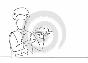 Continuous one line drawing of young attractive male chef holding main dish food tray and ready to serve to customer. Good resto