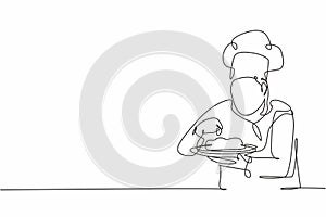 Continuous one line drawing of young confident handsome male chef sparkling salt and pepper to main dish before serving to