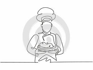 Continuous one line drawing of young handsome man chef in uniform serving main dish to customer at hotel restaurant. Healthy