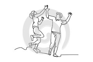 Continuous one line drawing young happy couple male and pretty female so happy, jumping give high five gesture together. Business