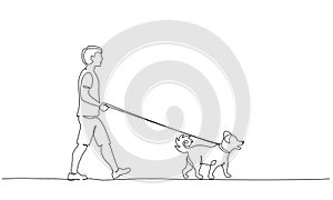 Continuous one line drawing. Young holding dog leash in walking.