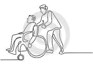 Continuous one line drawing of a young man pushing wheelchair with disabled old man. Helping elderly, disable people and sick