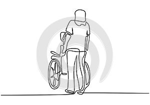 Continuous one line drawing of a young man pushing wheelchair with disabled old man. Helping elderly, disable people and sick