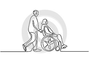 Continuous one line drawing of a young man pushing wheelchair with disabled old woman. Helping elderly, disable people and sick