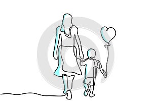 Continuous one line drawing of young mother hold her baby with air balloons shaped as heart. Happy Mother day card. Family
