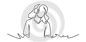 Continuous one line drawing of Young woman listens to music. DJ girl with earphones. Lifestyle teeanager clipart photo