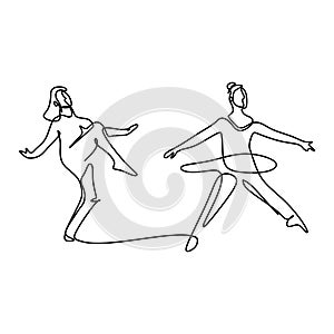 Continuous one line drawing of young woman practicing ballet dancing with a dance teacher at home isolated on white background.