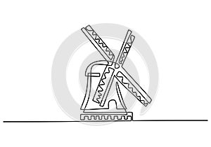 Continuous one line drawn silhouette of wind turbine alternative energy. Beauty famous place in Netherlands. The concept of the