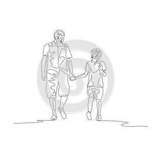 Continuous One line father and son walking and chating holding the hands