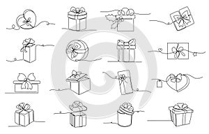 Continuous one line gift boxes. Wrapped present, cardboard box with ribbon bow for Christmas gifts single stroke vector