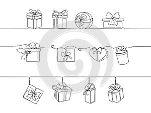 Continuous one line gifts dividers. Christmas gift border, hand drawn gifting boxes seamless garland horizontal pattern