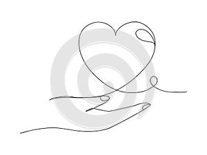 Continuous one line heart on palm hand or love isolated vector illustration