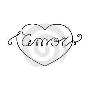 Continuous One Line heart and script cursive text amor love in Spanish. Vector illustration for poster, card, banner valentine