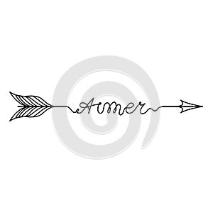 Continuous One Line lettering aimer love in French in the form of an arrow. Vector illustration for poster, card, banner