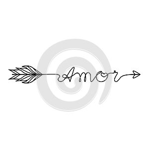 Continuous One Line lettering amor love in Spanish in the form of an arrow. Vector illustration for poster, card, banner